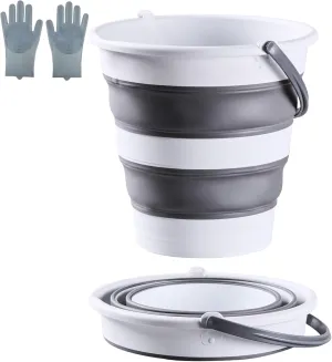 15L/4 Gal Large Collapsible Bucket with Handle - Portable Silicone Mop Bucket for Cleaning, Camping, Car Washing - Space-Saving for Outdoor, Fishing, Household  Pair of Silicone Gloves for Free