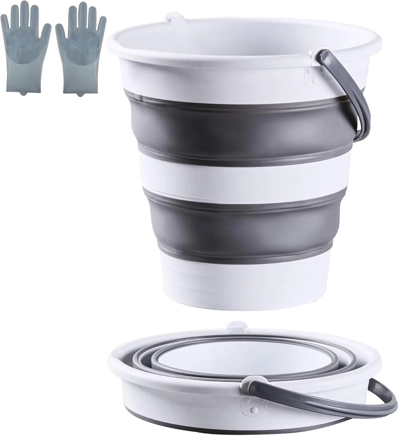 15L/4 Gal Large Collapsible Bucket with Handle - Portable Silicone Mop Bucket for Cleaning, Camping, Car Washing - Space-Saving for Outdoor, Fishing, Household  Pair of Silicone Gloves for Free