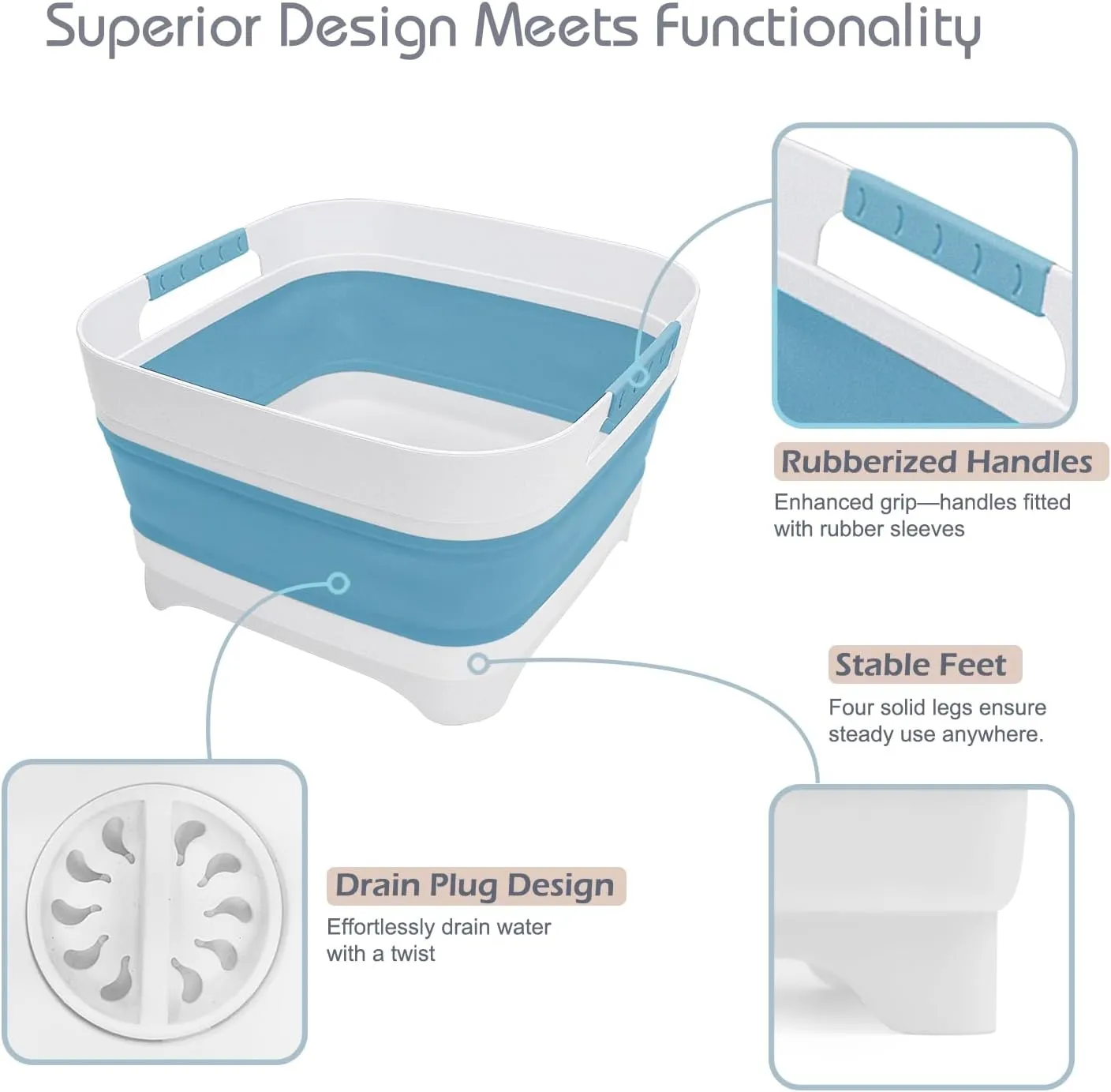 2.4 Gal Collapsible Wash Basin with Drain Plug, Space-Saving Multiuse Foldable Bucket, Portable Sink Tub, 9L Dishpan for Flush Pump Parts, Ice Beverage Tubs for Camping, Vegetable Washing, RV (Blue)