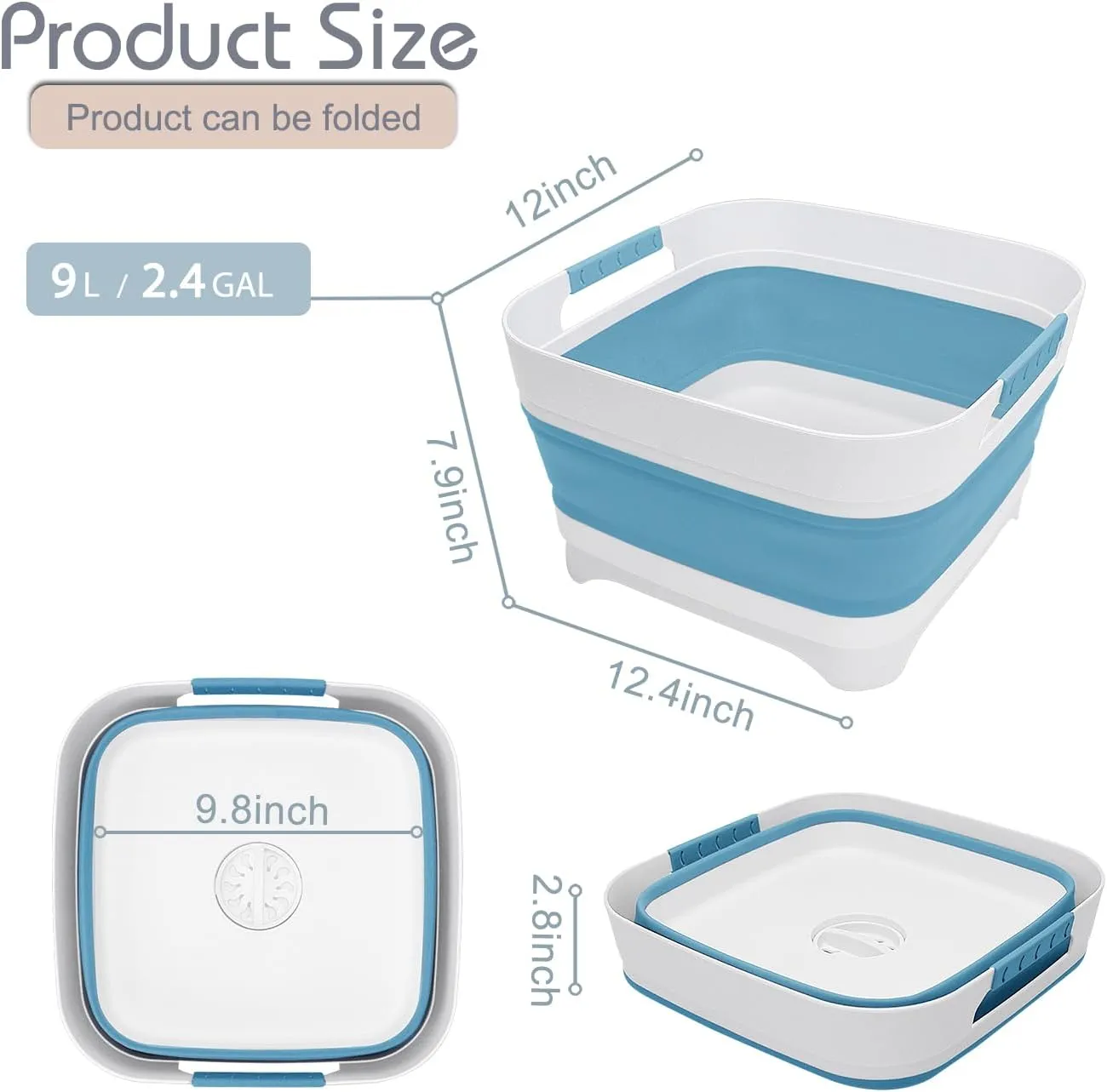 2.4 Gal Collapsible Wash Basin with Drain Plug, Space-Saving Multiuse Foldable Bucket, Portable Sink Tub, 9L Dishpan for Flush Pump Parts, Ice Beverage Tubs for Camping, Vegetable Washing, RV (Blue)