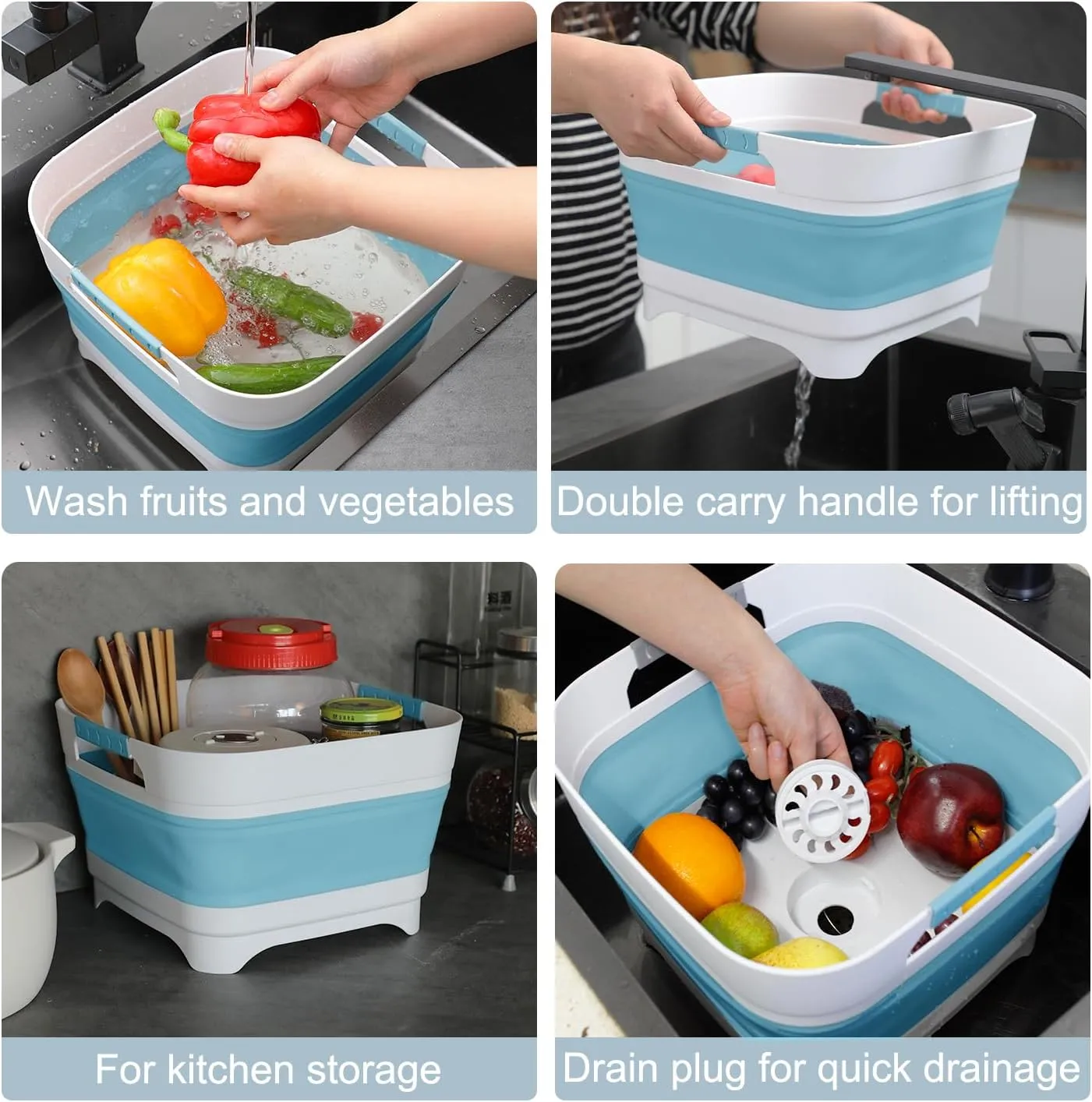 2.4 Gal Collapsible Wash Basin with Drain Plug, Space-Saving Multiuse Foldable Bucket, Portable Sink Tub, 9L Dishpan for Flush Pump Parts, Ice Beverage Tubs for Camping, Vegetable Washing, RV (Blue)