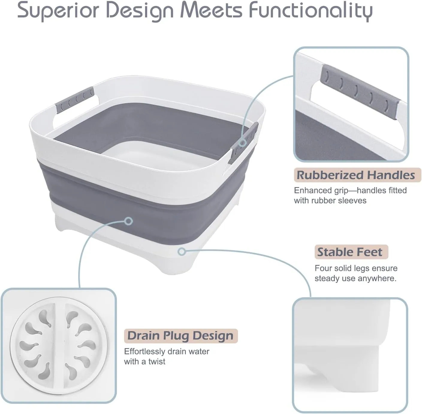 2.4 Gal Collapsible Wash Basin with Drain Plug, Space-Saving Multiuse Foldable Bucket, Portable Sink Tub, 9L Dishpan for Flush Pump Parts, Ice Beverage Tubs for Camping, Vegetable Washing, RV (Gray)
