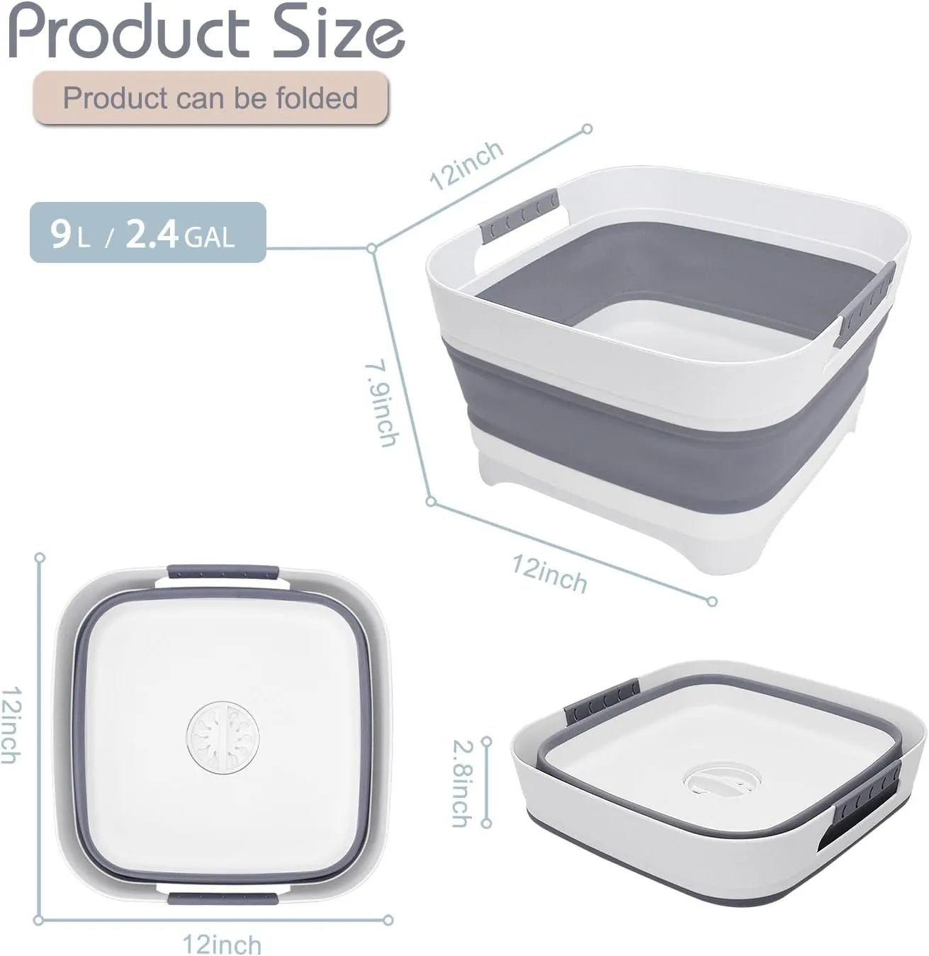 2.4 Gal Collapsible Wash Basin with Drain Plug, Space-Saving Multiuse Foldable Bucket, Portable Sink Tub, 9L Dishpan for Flush Pump Parts, Ice Beverage Tubs for Camping, Vegetable Washing, RV (Gray)