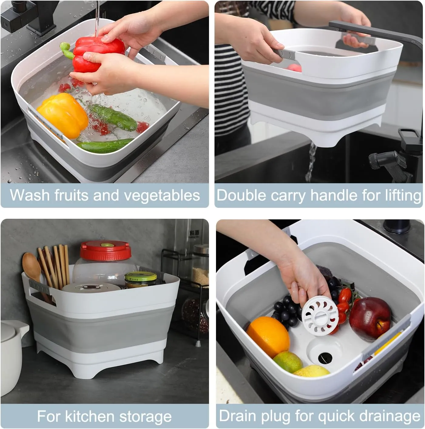 2.4 Gal Collapsible Wash Basin with Drain Plug, Space-Saving Multiuse Foldable Bucket, Portable Sink Tub, 9L Dishpan for Flush Pump Parts, Ice Beverage Tubs for Camping, Vegetable Washing, RV (Gray)