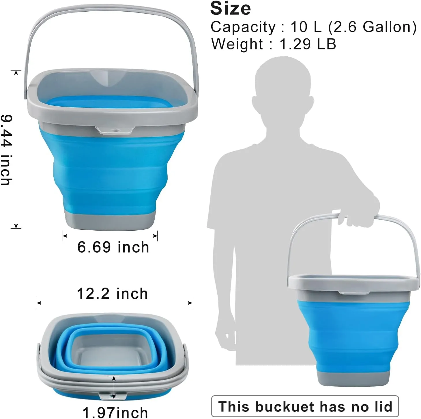 2.6 Gallon Collapsible Mop Bucket with Handle for Household Cleaning, Portable Silicone Ice Bucket for Outdoor Camping Fishing Car Washing, Square Plastic Wash Basin Tub for Bathroom Cleaning Supplies