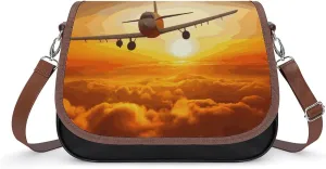 Aircraft Plane at Sunset Shoulder Bag for Women, Leather Crossbody Bag Adjustable Removable Shoulder Strap, Hands-Free Bags