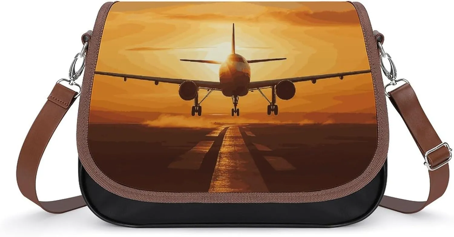 Aircraft Plane at Sunset Shoulder Bag for Women, Leather Crossbody Bag Adjustable Removable Shoulder Strap, Hands-Free Bags