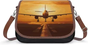 Aircraft Plane at Sunset Shoulder Bag for Women, Leather Crossbody Bag Adjustable Removable Shoulder Strap, Hands-Free Bags