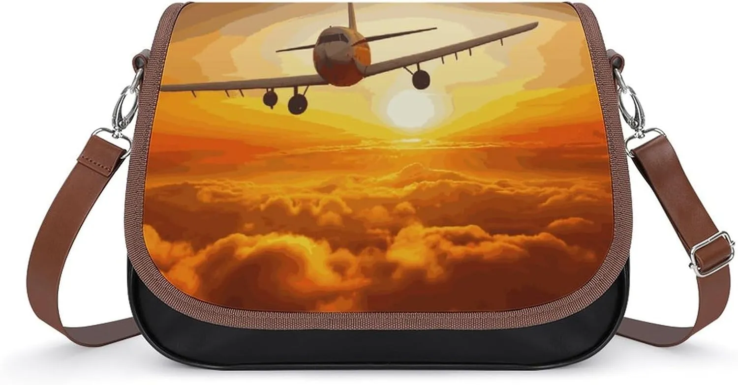 Aircraft Plane at Sunset Shoulder Bag for Women, Leather Crossbody Bag Adjustable Removable Shoulder Strap, Hands-Free Bags