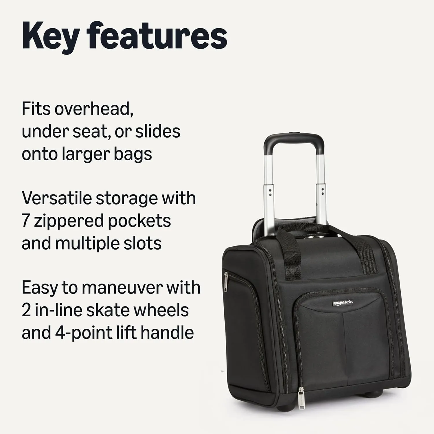 Amazon Basics Underseat Carry On Luggage with Wheels - 14" Rolling Travel Bag, Black