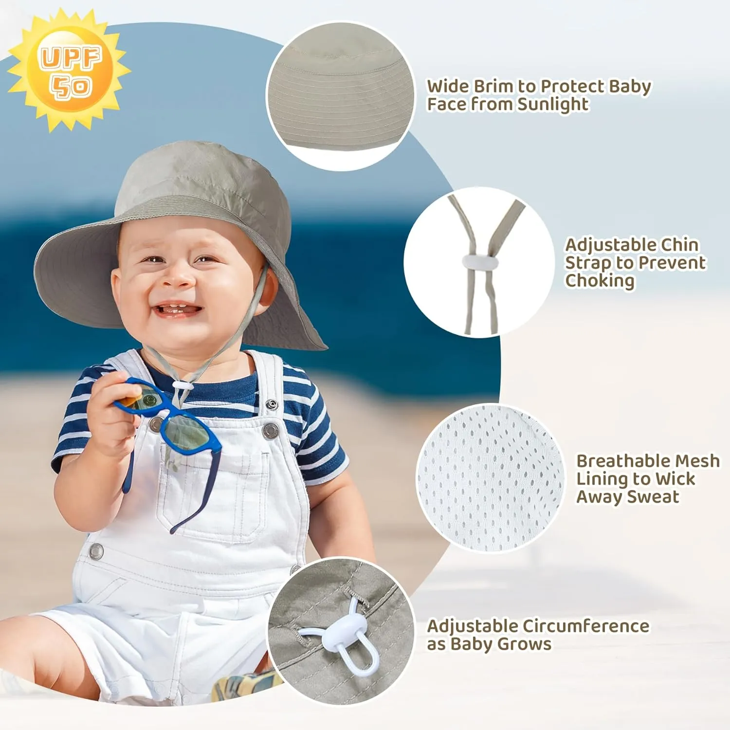 Baby Sun Hat Toddler Summer UPF 50  Sun Protection Baby Boy Girls Hats Beach Hats Wide Brim Adjustable Bucket Hat