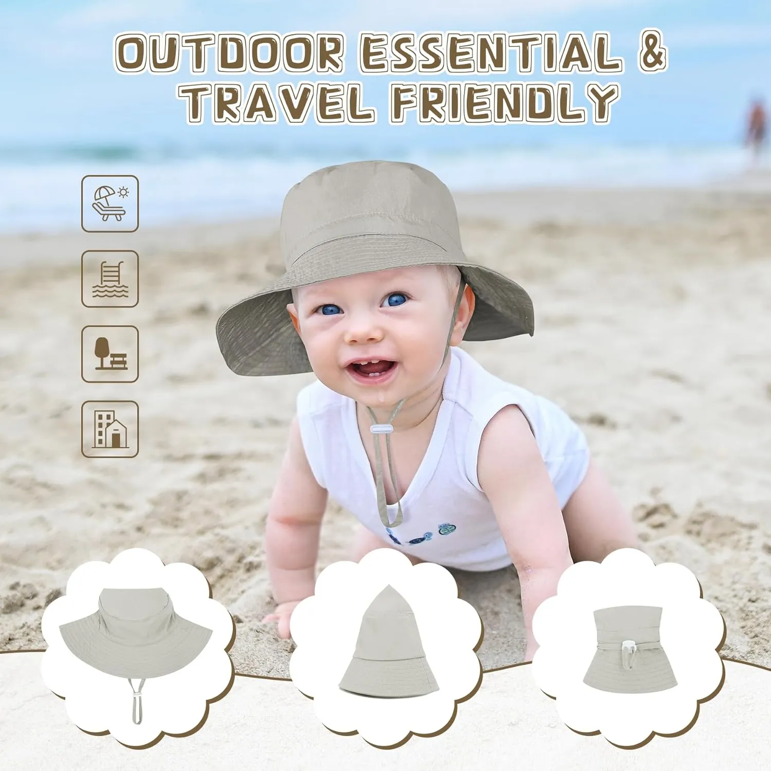 Baby Sun Hat Toddler Summer UPF 50  Sun Protection Baby Boy Girls Hats Beach Hats Wide Brim Adjustable Bucket Hat