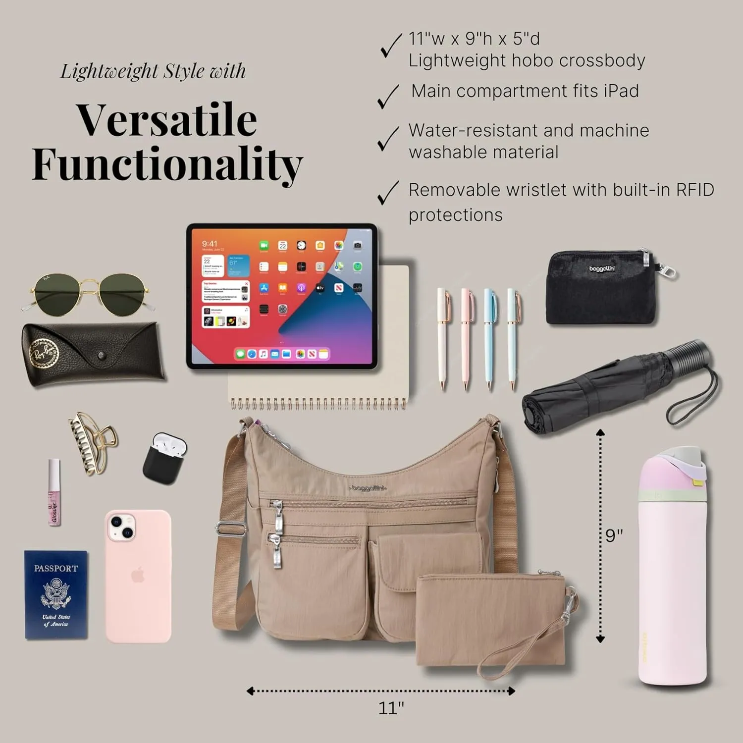 Baggallini Everywhere Bagg Crossbody Women 11x9 Lightweight Nylon Hobo Water-Resistant Travel Bag W/RFID
