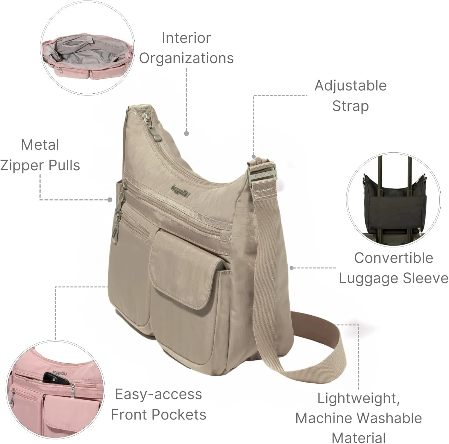 Baggallini Everywhere Bagg Crossbody Women 11x9 Lightweight Nylon Hobo Water-Resistant Travel Bag W/RFID