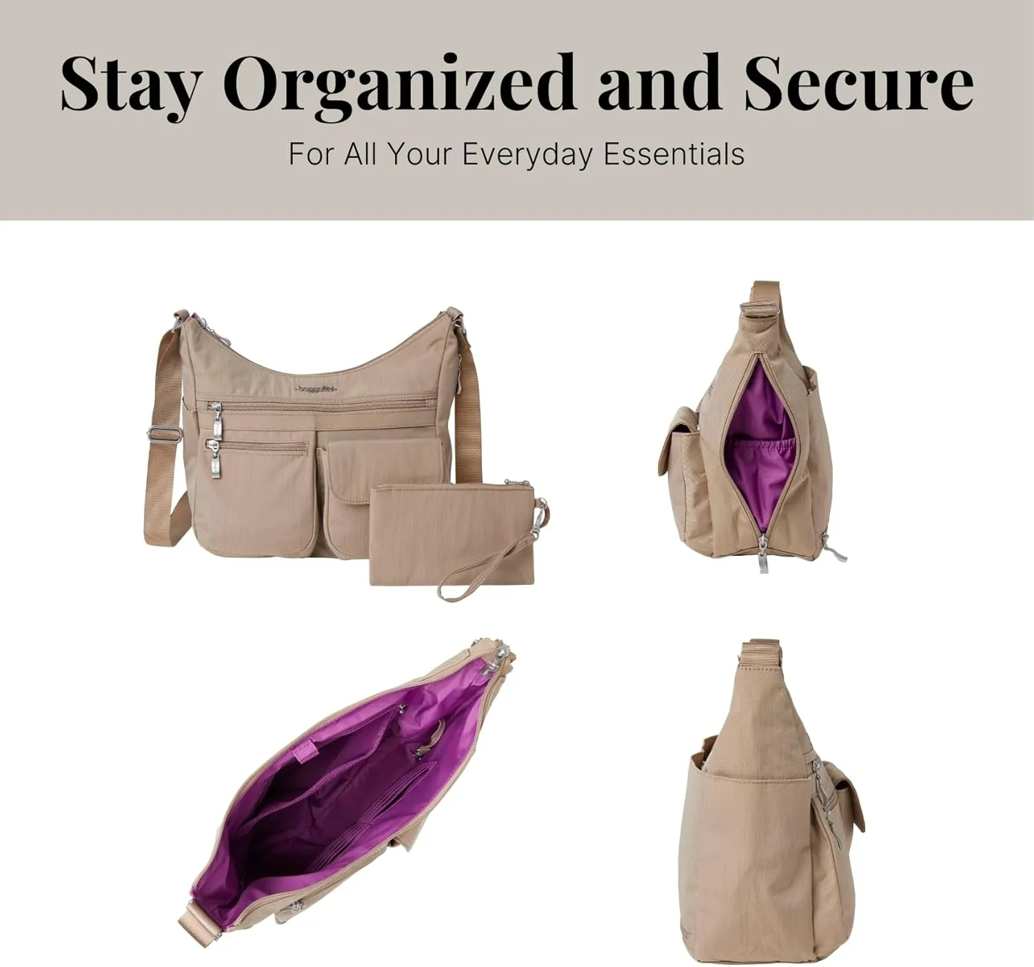 Baggallini Everywhere Bagg Crossbody Women 11x9 Lightweight Nylon Hobo Water-Resistant Travel Bag W/RFID