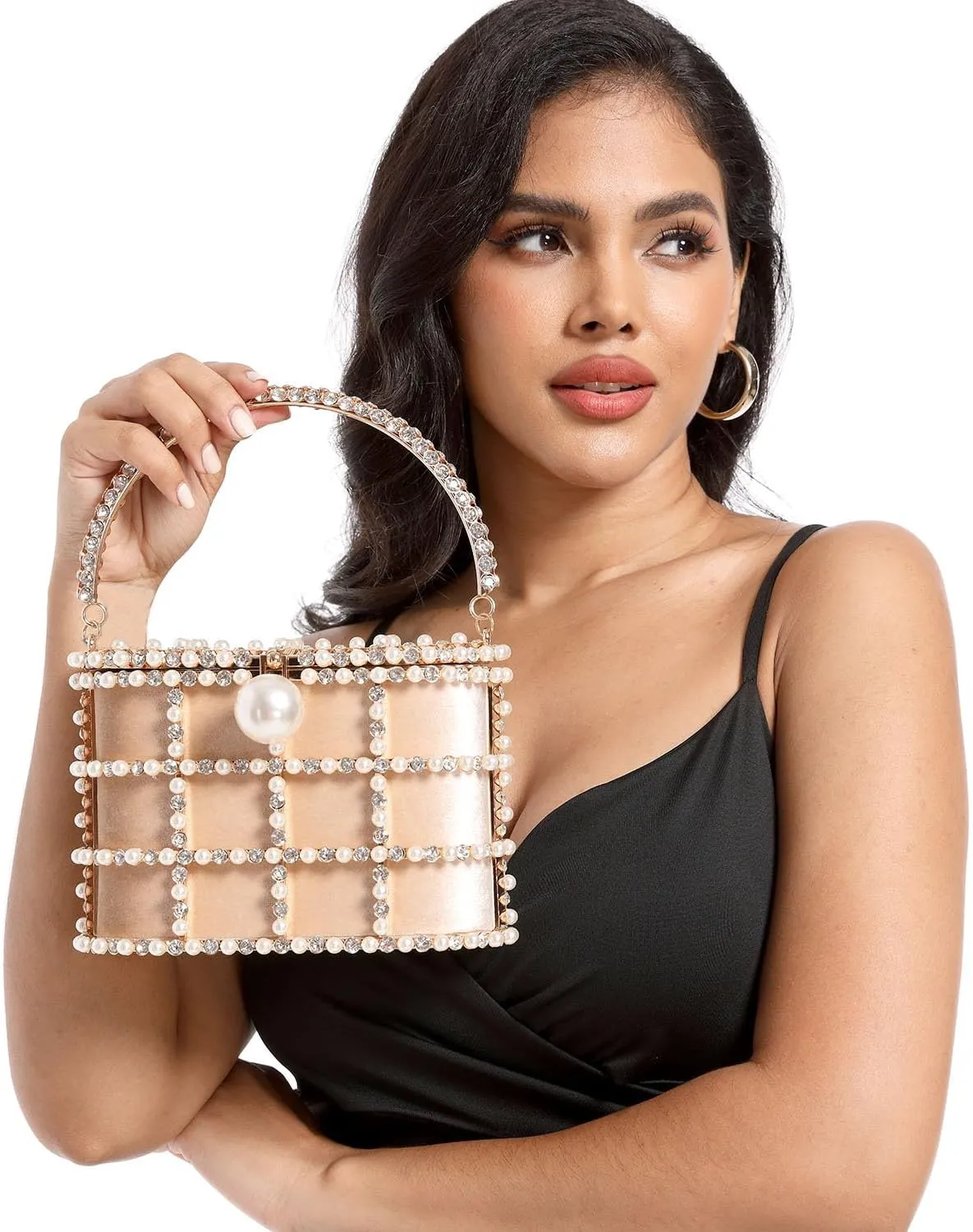 Boutique De FGG Elegant Evening Handbag with Pearl Rhinestone Bucket Bag Crystal Clutch Purses for Wedding Party Small Tote