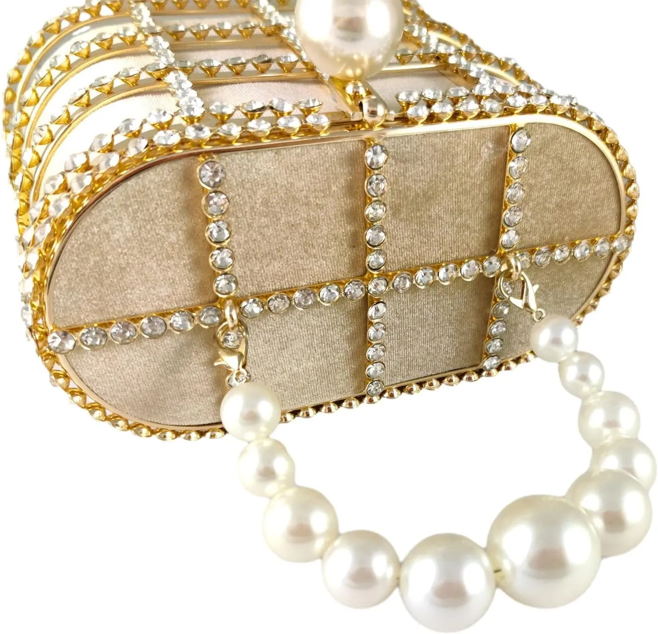 Boutique De FGG Elegant Evening Handbag with Pearl Rhinestone Bucket Bag Crystal Clutch Purses for Wedding Party Small Tote