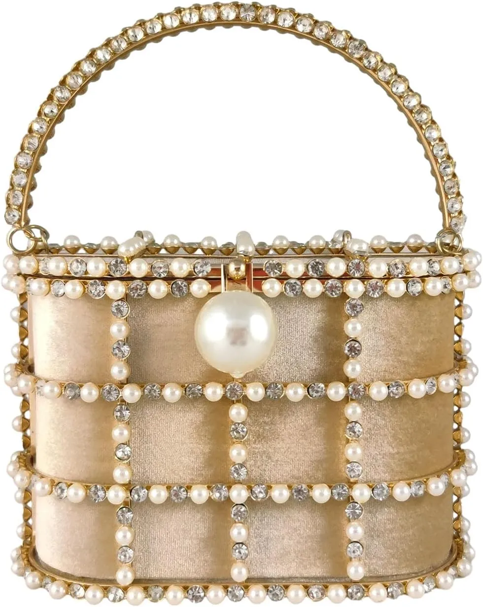 Boutique De FGG Elegant Evening Handbag with Pearl Rhinestone Bucket Bag Crystal Clutch Purses for Wedding Party Small Tote