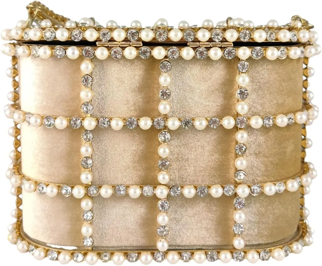 Boutique De FGG Elegant Evening Handbag with Pearl Rhinestone Bucket Bag Crystal Clutch Purses for Wedding Party Small Tote