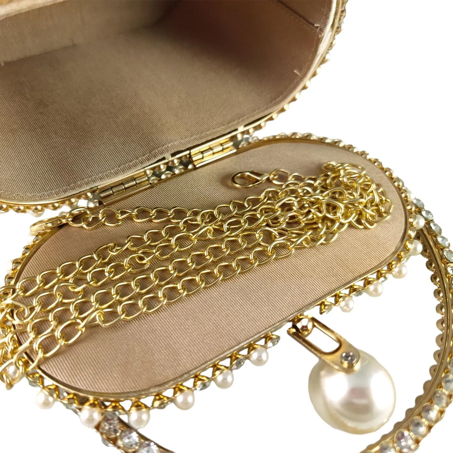 Boutique De FGG Elegant Evening Handbag with Pearl Rhinestone Bucket Bag Crystal Clutch Purses for Wedding Party Small Tote