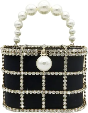 Boutique De FGG Elegant Evening Handbag with Pearl Rhinestone Bucket Bag Crystal Clutch Purses for Wedding Party Small Tote