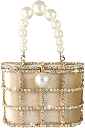 Boutique De FGG Elegant Evening Handbag with Pearl Rhinestone Bucket Bag Crystal Clutch Purses for Wedding Party Small Tote