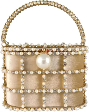 Boutique De FGG Elegant Evening Handbag with Pearl Rhinestone Bucket Bag Crystal Clutch Purses for Wedding Party Small Tote