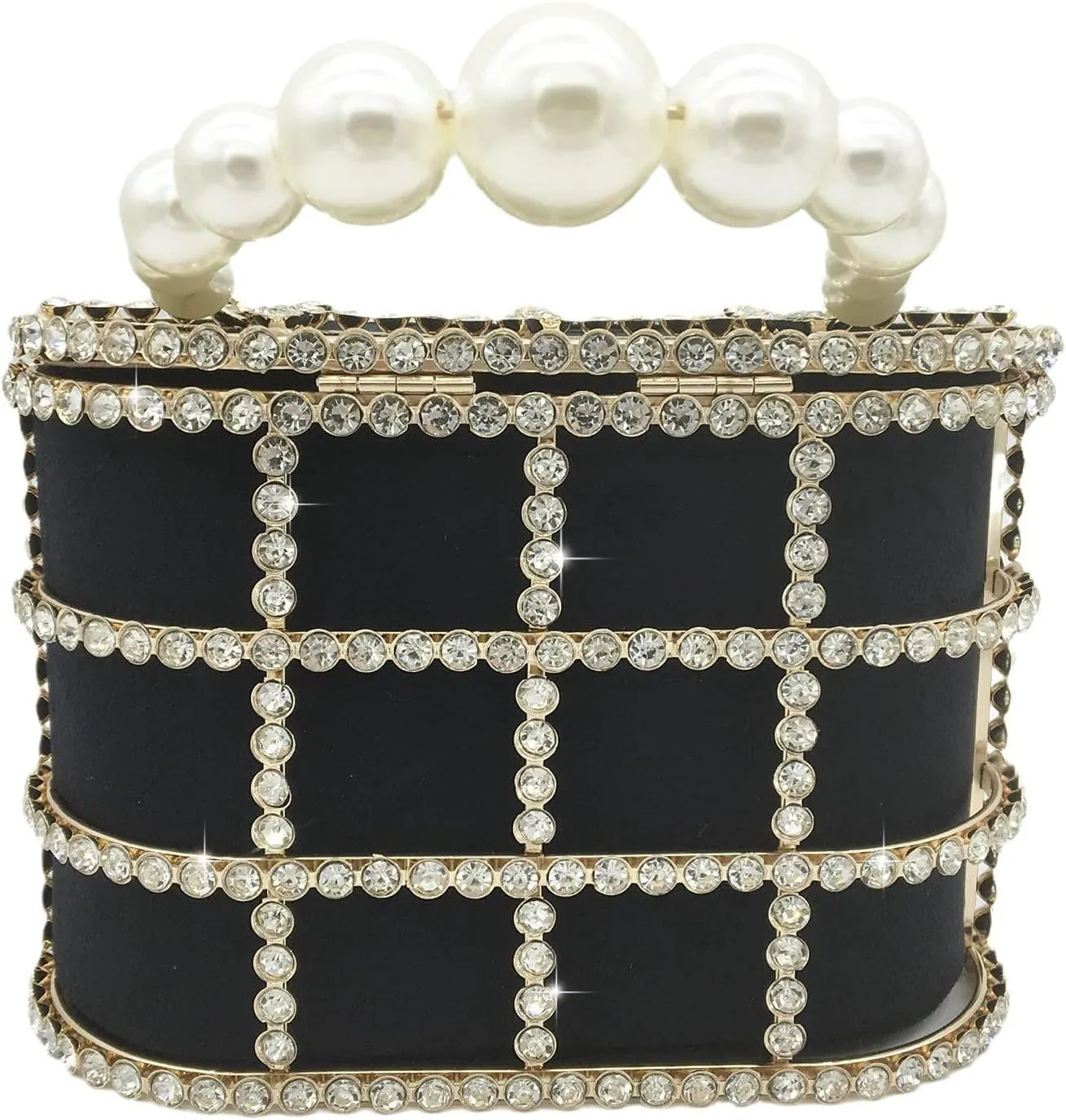 Boutique De FGG Elegant Evening Handbag with Pearl Rhinestone Bucket Bag Crystal Clutch Purses for Wedding Party Small Tote