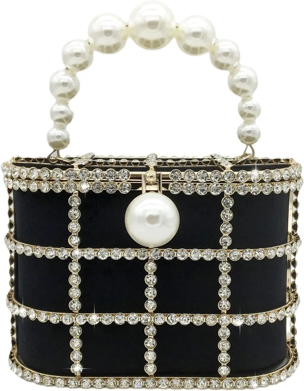 Boutique De FGG Elegant Evening Handbag with Pearl Rhinestone Bucket Bag Crystal Clutch Purses for Wedding Party Small Tote