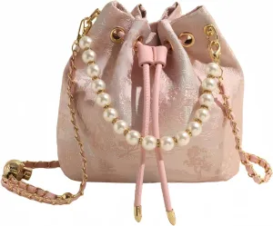 Bucket Bag for Women, Small Pearl Drawstring Handbags, Hobo Purse