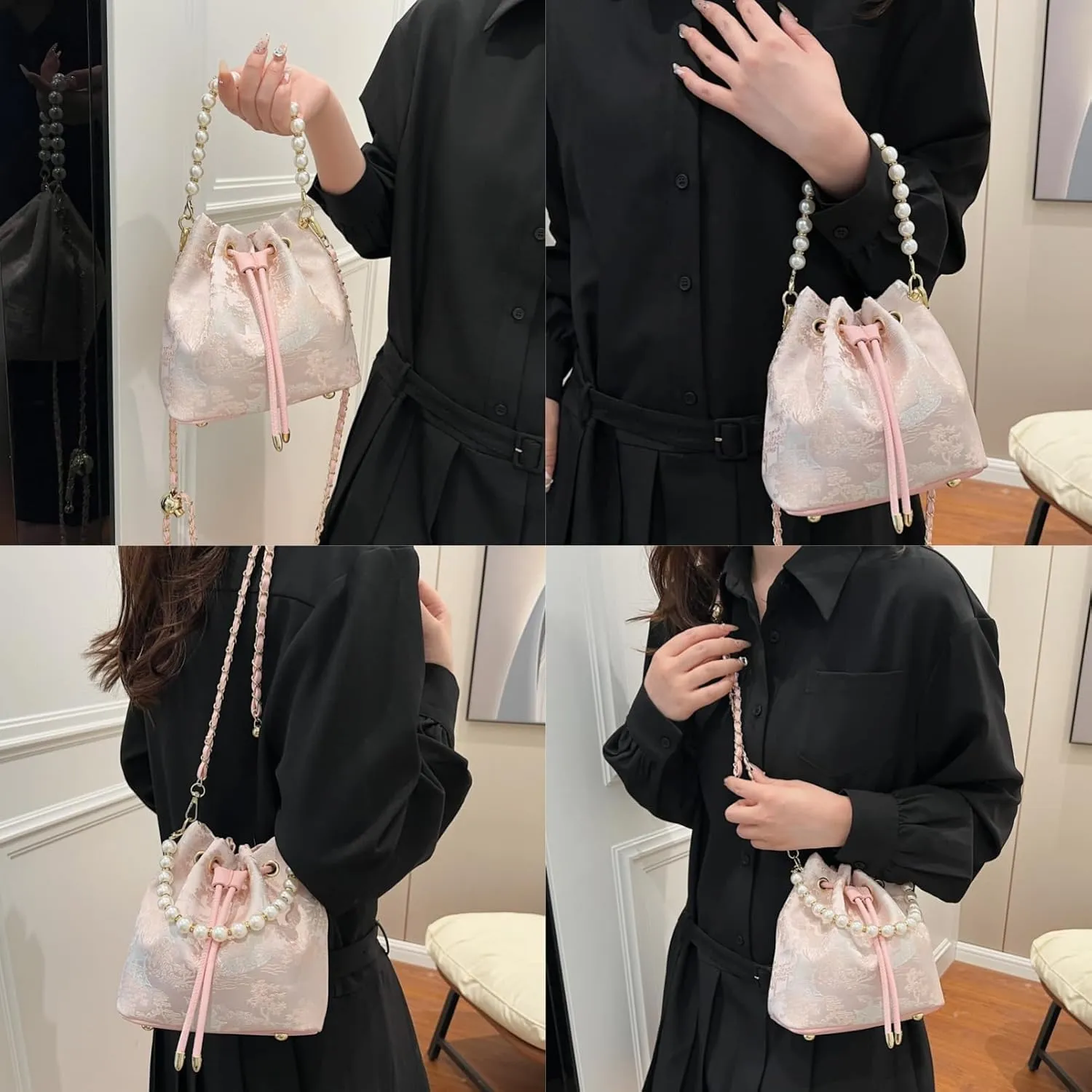 Bucket Bag for Women, Small Pearl Drawstring Handbags, Hobo Purse