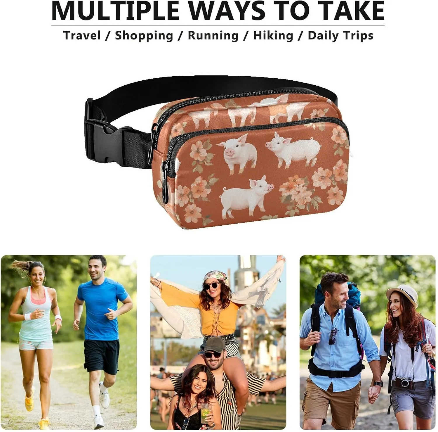 Cartoon Pet Pig Terracotta Trendy Fanny Pack Waist Bag for Women Men Teens Large Capacity Crossbody Passport Bag with Adjustable Strap for Travel Gym Work