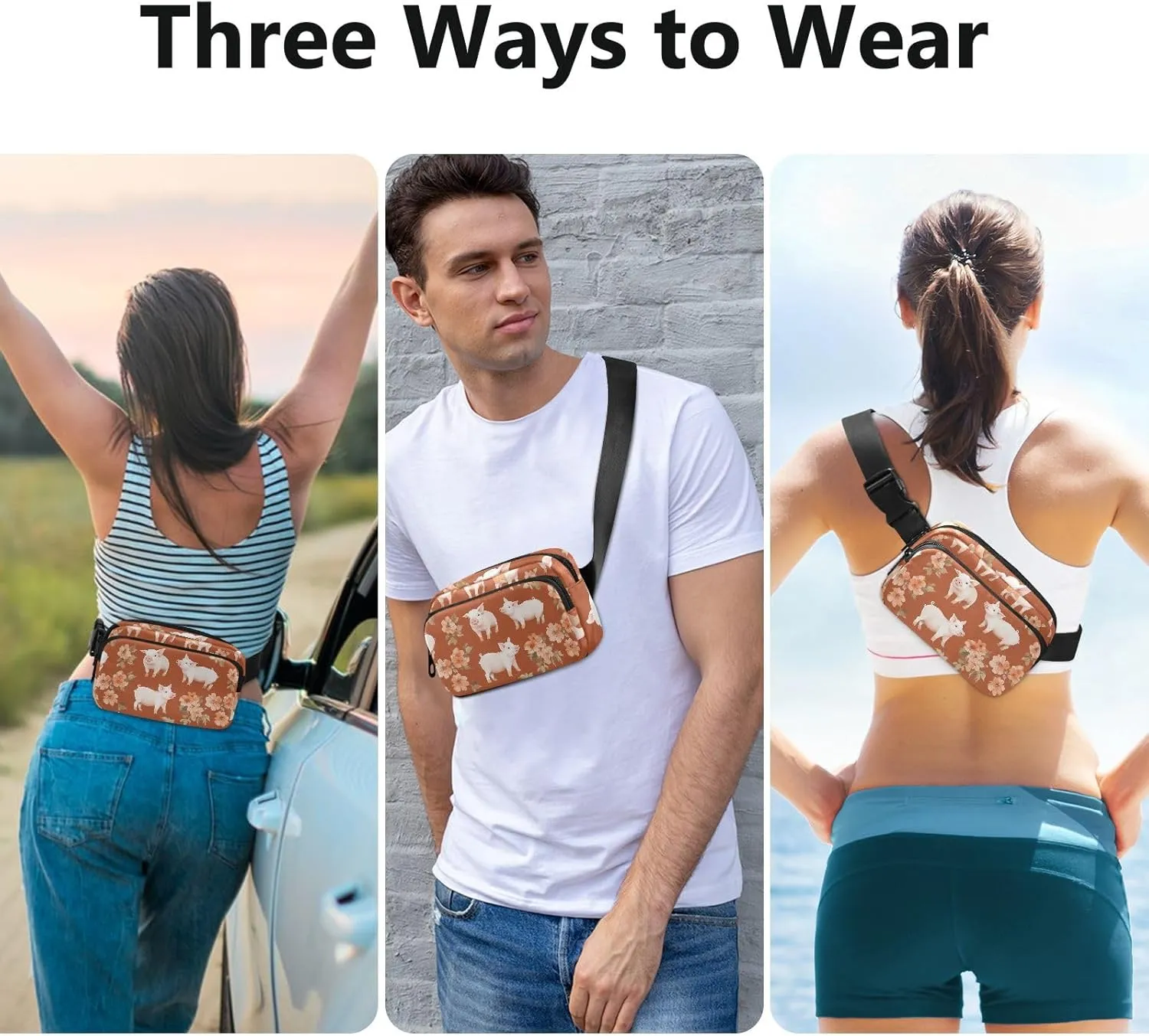 Cartoon Pet Pig Terracotta Trendy Fanny Pack Waist Bag for Women Men Teens Large Capacity Crossbody Passport Bag with Adjustable Strap for Travel Gym Work