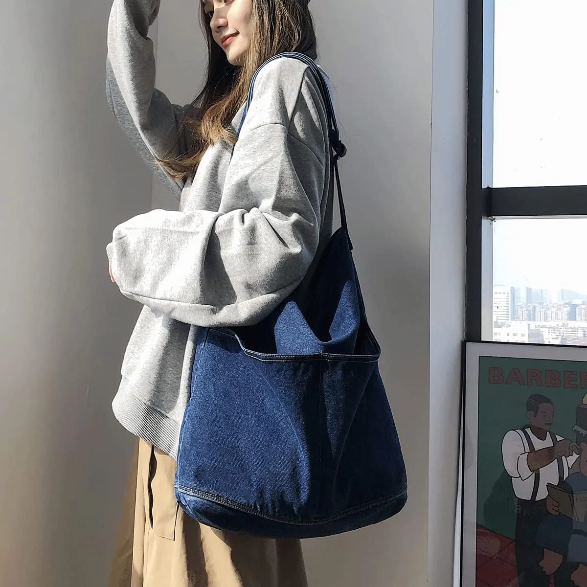 Denim Shoulder Bag Canvas Messenger Bag for Women Men Tote Bag Casual Retro Aesthetic Crossbody Bag Handbag