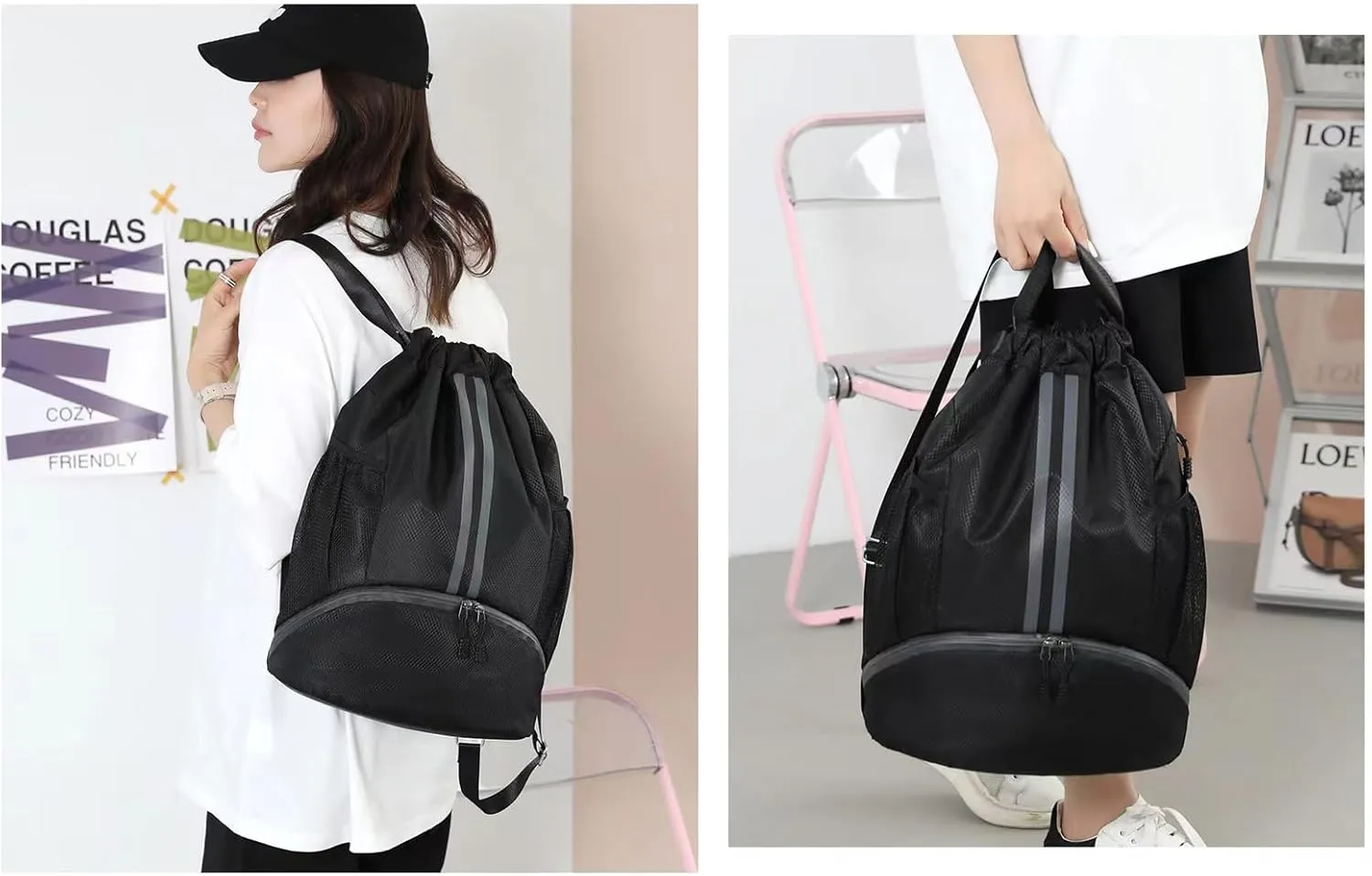 Drawstring Gym Bag for Men, Waterproof Drawstring Backpack for Women, Swim with Shoes Compartment, Pull String Sport Bag for Soccer and Basketball. (Grey)