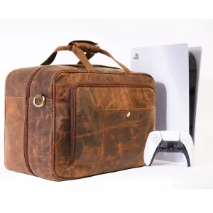 DreamController Genuine Leather PS5 Carrying Case | Gaming Bag with Detachable & Adjustable Compartment for Accessories | Full Grain Leather Weekender Bag for Gaming Console | Vintage Brown