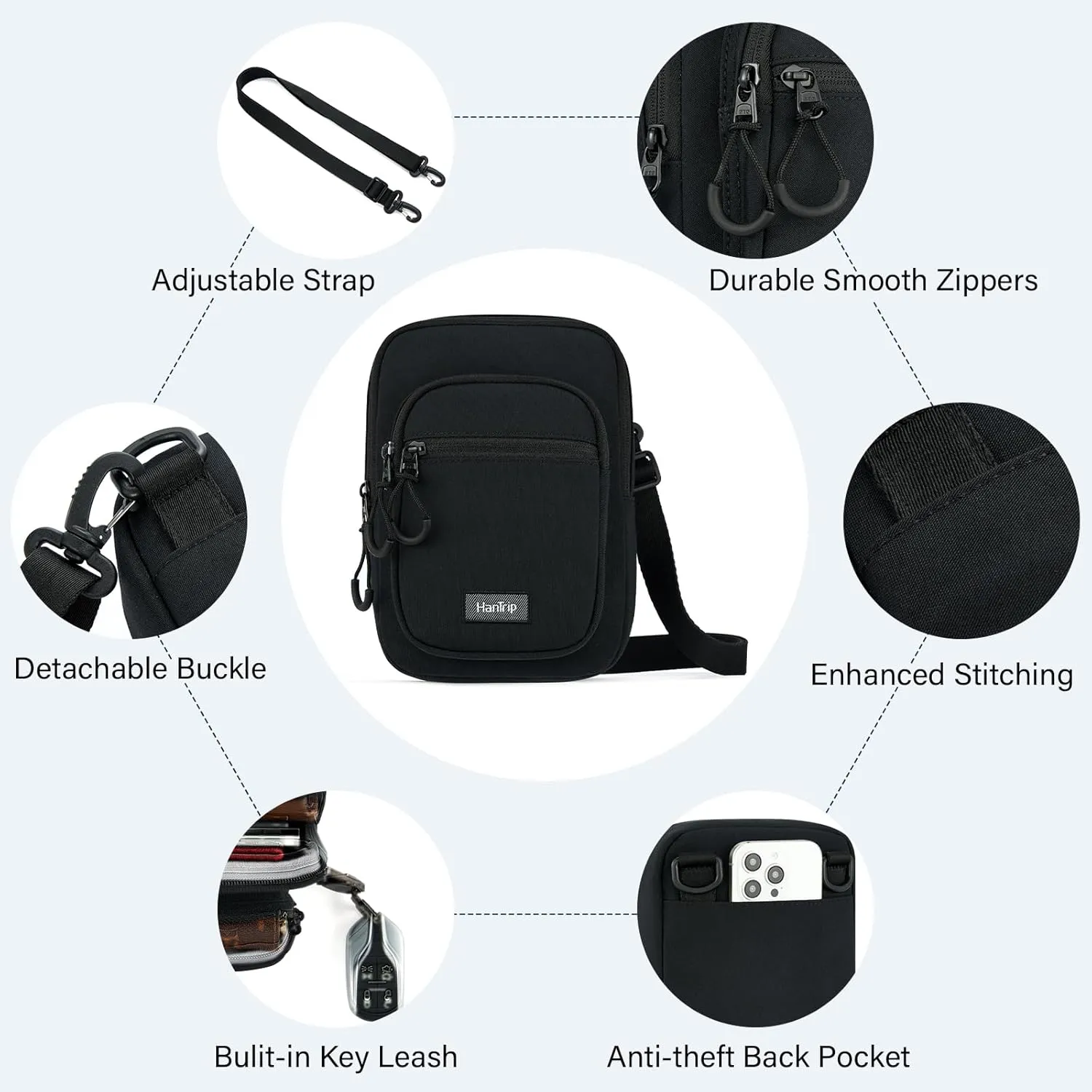 Durable Crossbody Bag for Men and Women Adjustable Shoulder Sling Bag with Multiple Zipper Pockets Unisex Daypack