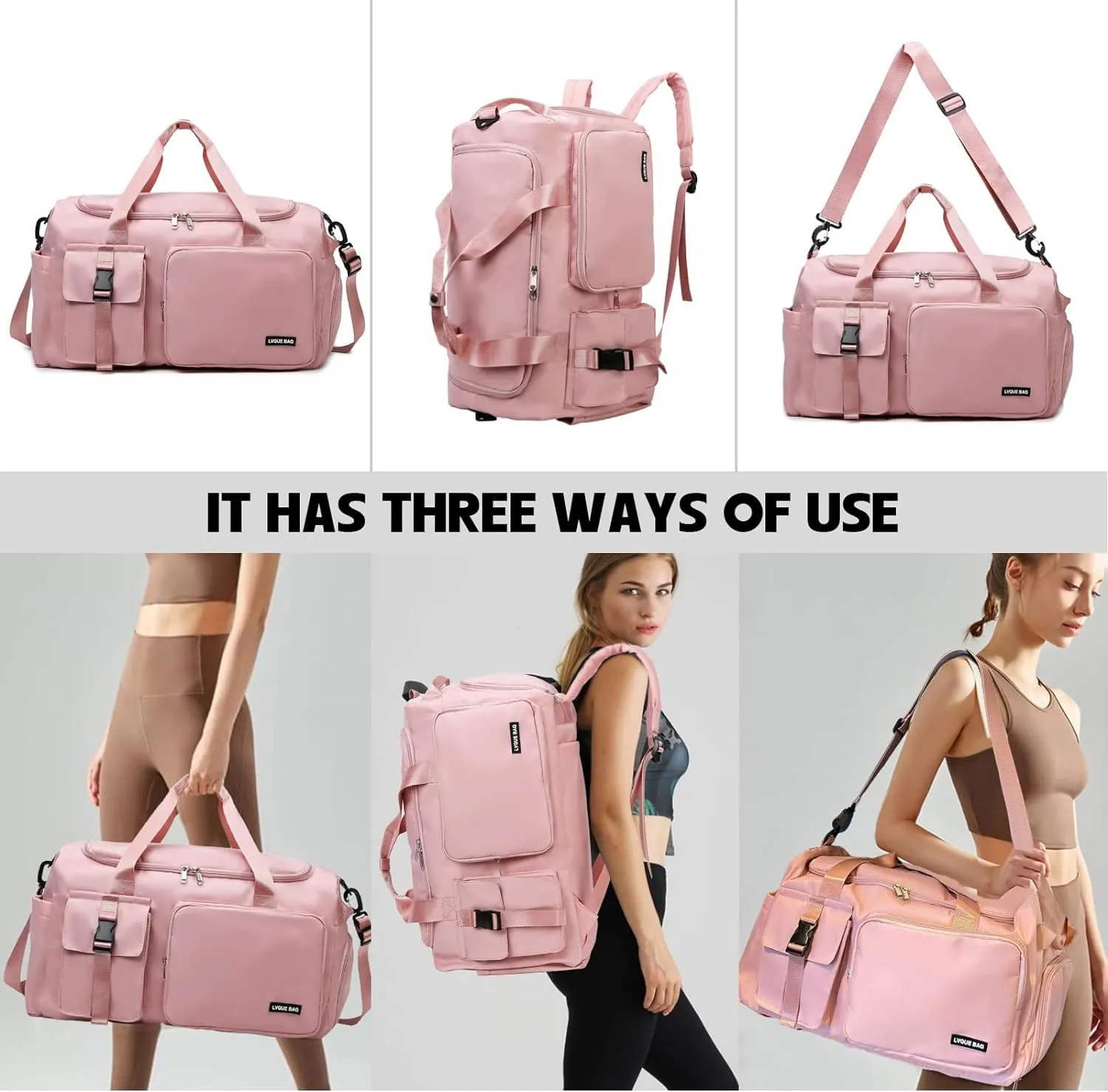 Eslcorri Gym Duffle Bag for Women Men, Sports Backpack with Wet & Shoe Compartment, Fitness Overnight Weekender Bag for Yoga, Swim, Travel (Style B, Pink)