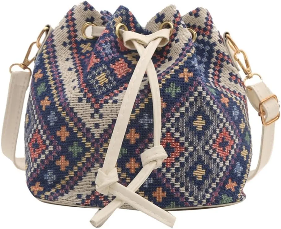 Fashion Drawstring Crossbody Bag for Women Girl Bucket Bag Canvas Shoulder Bag Female Ethnic Styles Messengers Bag