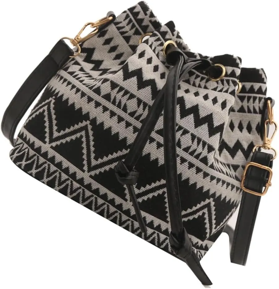 Fashion Drawstring Crossbody Bag for Women Girl Bucket Bag Canvas Shoulder Bag Female Ethnic Styles Messengers Bag