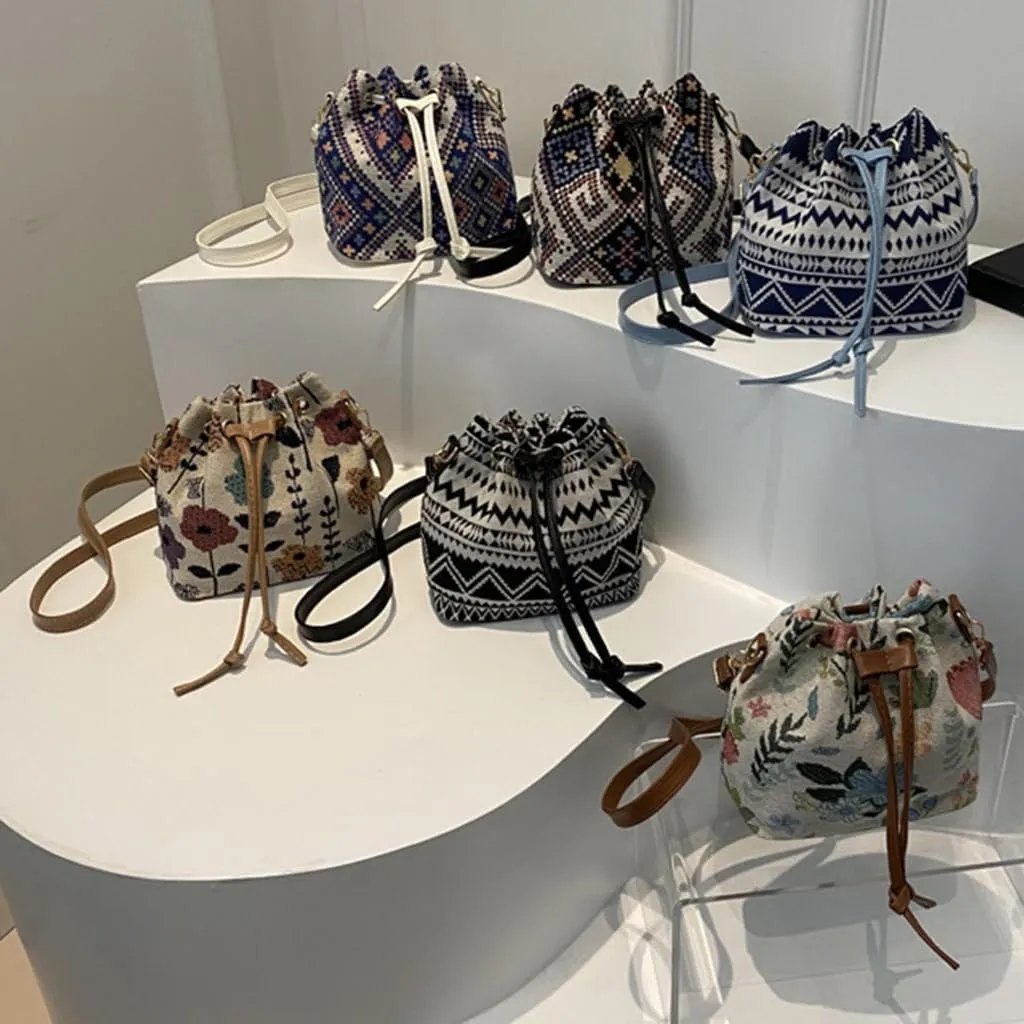 Fashion Drawstring Crossbody Bag for Women Girl Bucket Bag Canvas Shoulder Bag Female Ethnic Styles Messengers Bag