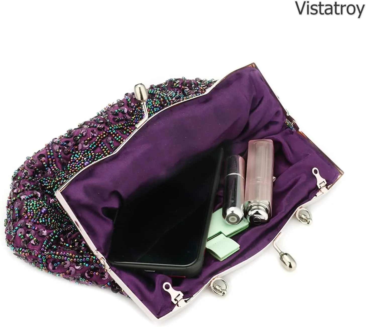 Floral Designer Evening Bag Beaded Sequin Design Vintage Kissing Lock Satin Clutch Purse Bag Wedding Party Clutch