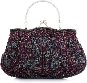 Floral Designer Evening Bag Beaded Sequin Design Vintage Kissing Lock Satin Clutch Purse Bag Wedding Party Clutch