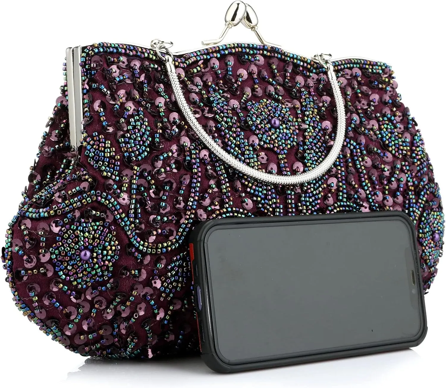 Floral Designer Evening Bag Beaded Sequin Design Vintage Kissing Lock Satin Clutch Purse Bag Wedding Party Clutch