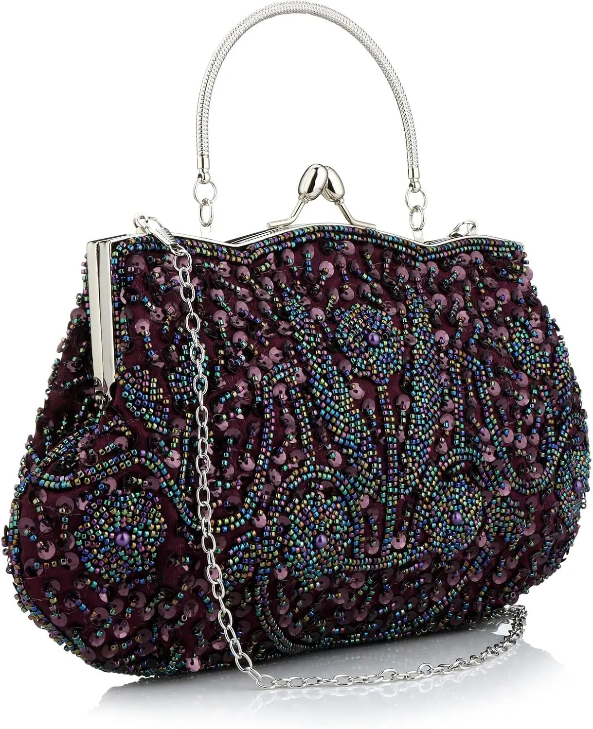 Floral Designer Evening Bag Beaded Sequin Design Vintage Kissing Lock Satin Clutch Purse Bag Wedding Party Clutch