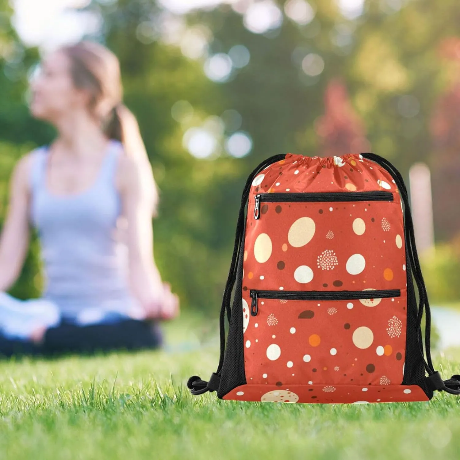 FRODOTGV White Polka Dot Red Background Chestnut Sport String Bag Water Resistant Party Women Men Adults Swim Bags With Zipper Pockets for Hiking