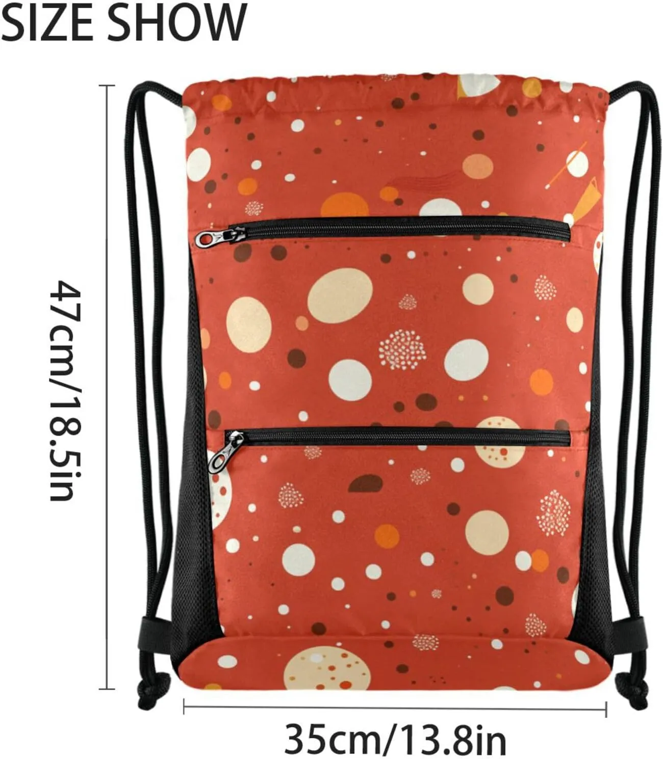 FRODOTGV White Polka Dot Red Background Chestnut Sport String Bag Water Resistant Party Women Men Adults Swim Bags With Zipper Pockets for Hiking