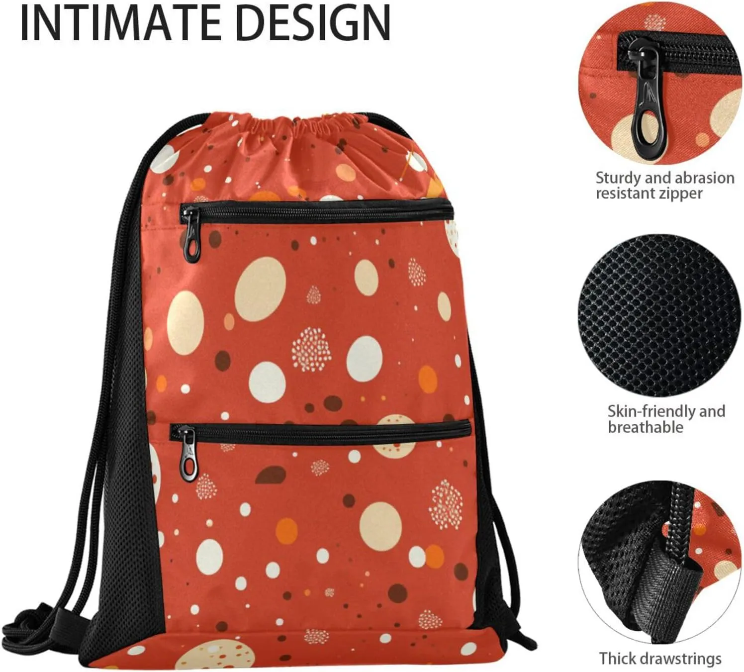 FRODOTGV White Polka Dot Red Background Chestnut Sport String Bag Water Resistant Party Women Men Adults Swim Bags With Zipper Pockets for Hiking