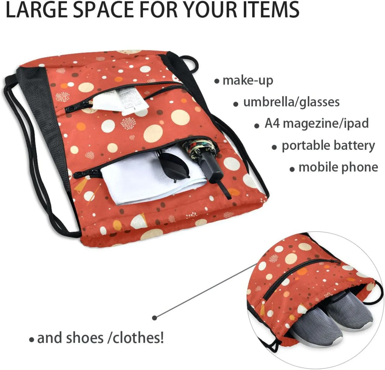 FRODOTGV White Polka Dot Red Background Chestnut Sport String Bag Water Resistant Party Women Men Adults Swim Bags With Zipper Pockets for Hiking