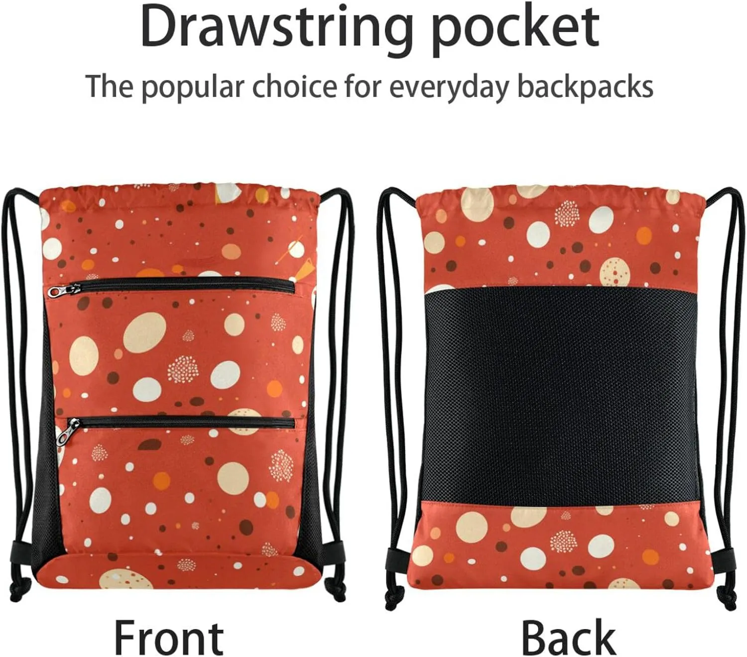 FRODOTGV White Polka Dot Red Background Chestnut Sport String Bag Water Resistant Party Women Men Adults Swim Bags With Zipper Pockets for Hiking